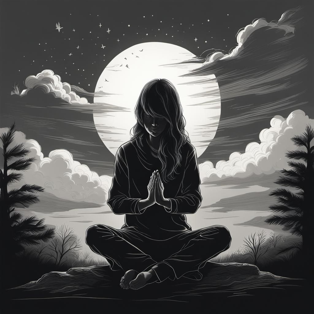 Silhouette Sketch of Praying Woman in Charcoal