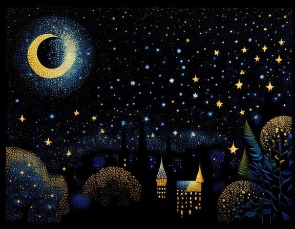 Owl Soaring Through Starry Night in Pointillism Style