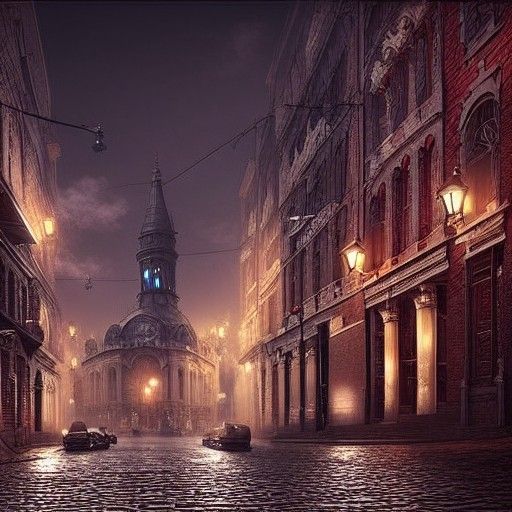 Photorealistic Victorian Cityscape at Night
