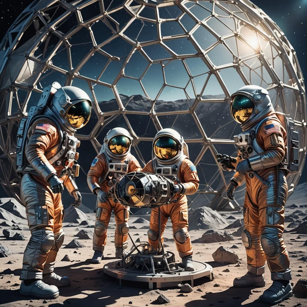 Astronauts Repairing UFO Engine in Lunar Dome