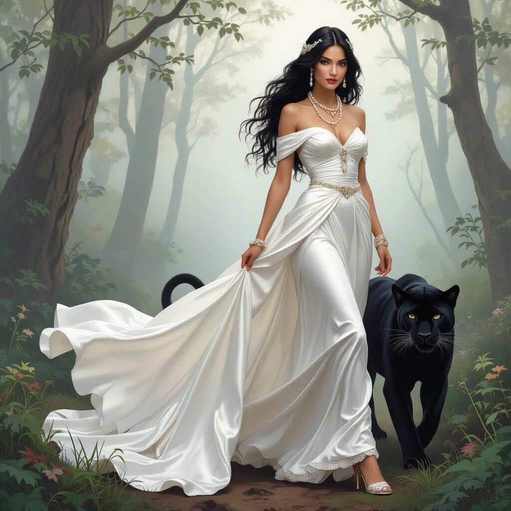 Elegant Woman and Panther in Art Nouveau Style