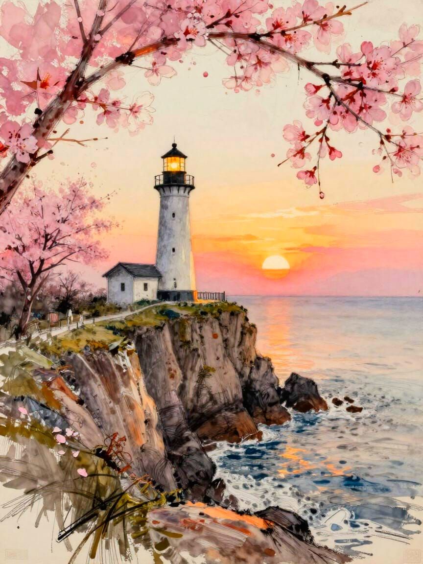 Lighthouse on Cliff Edge at Sunrise in Gouache Style