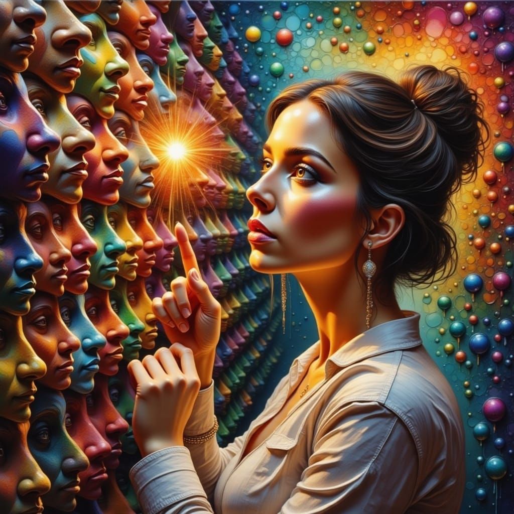 Woman Contemplating an Array of Unique Noses in a Vibrant Ba...