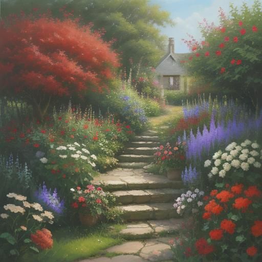 Red Azalea Garden Path: Oil Painting