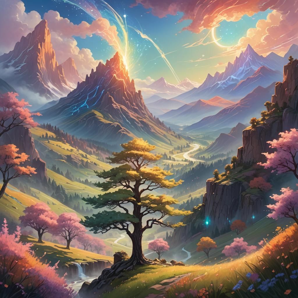 Glowing Tree in Serene Fantasy Landscape