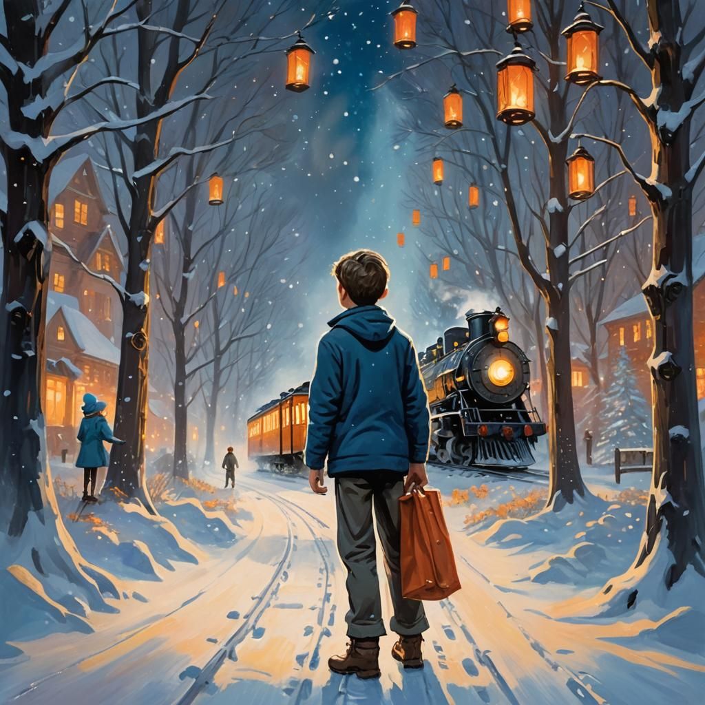 Boy and Polar Express in Impressionistic Dreamscape