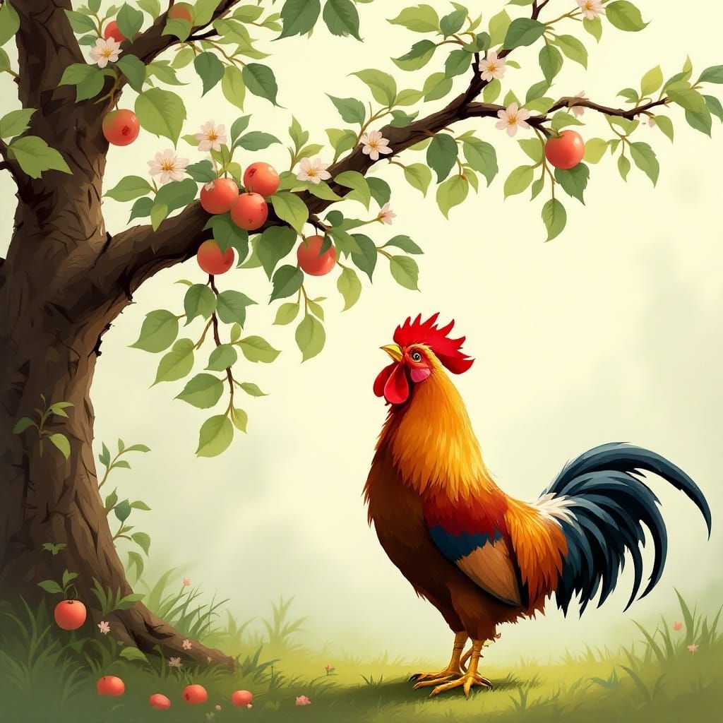 Rooster Basks in Apple Blossom Beauty—Spring's Awakening