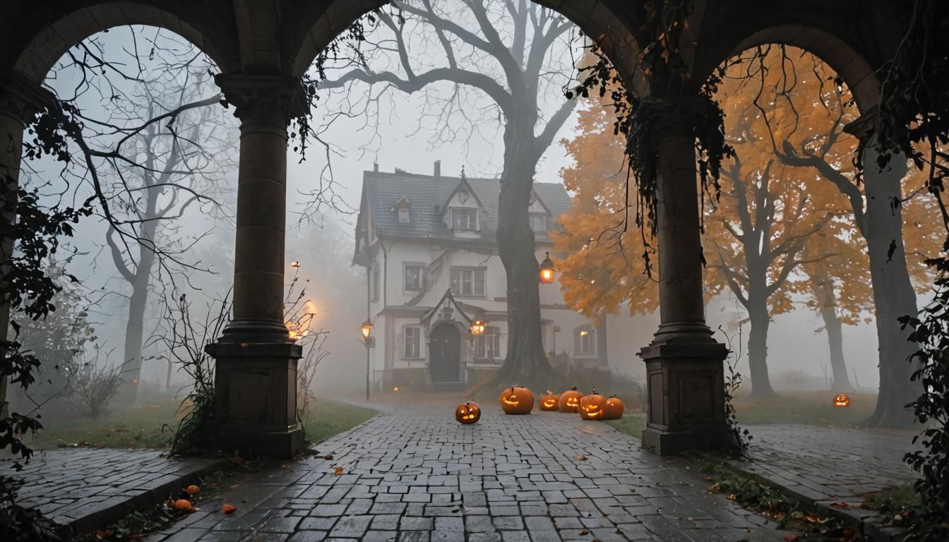 Eerie Halloween Scene with Pumpkins and Fog