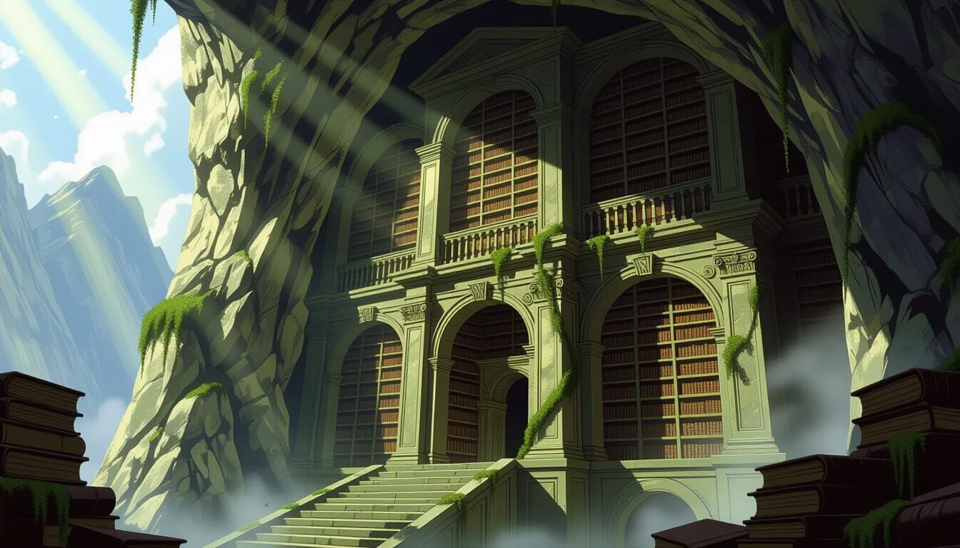 Ancient Mountain Library in Epic Fantasy Style