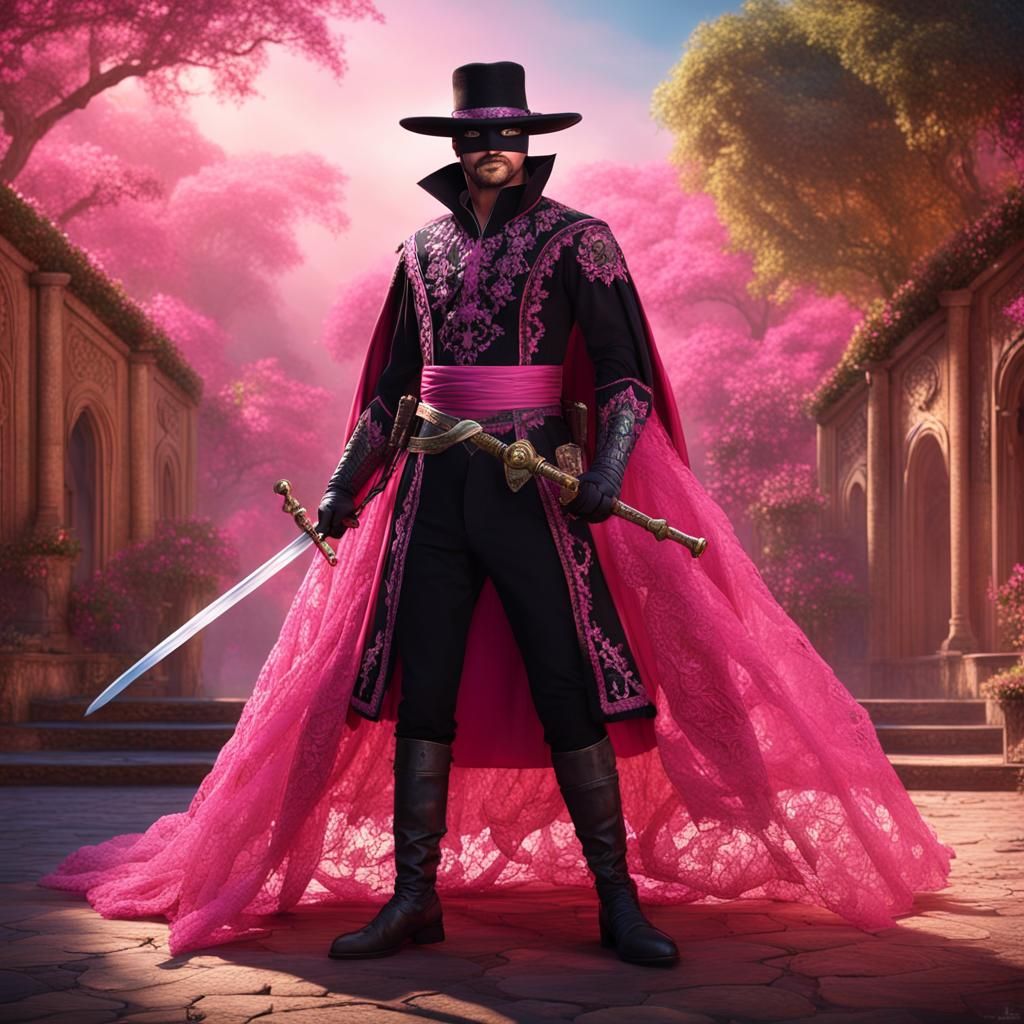 Zorro in Pink Ballgown: Detailed Fantasy Art