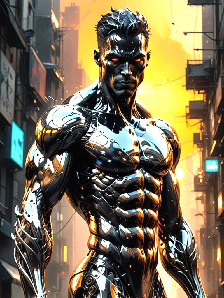 Black Chrome and Crystal Muscle Figure in Fantasy Style