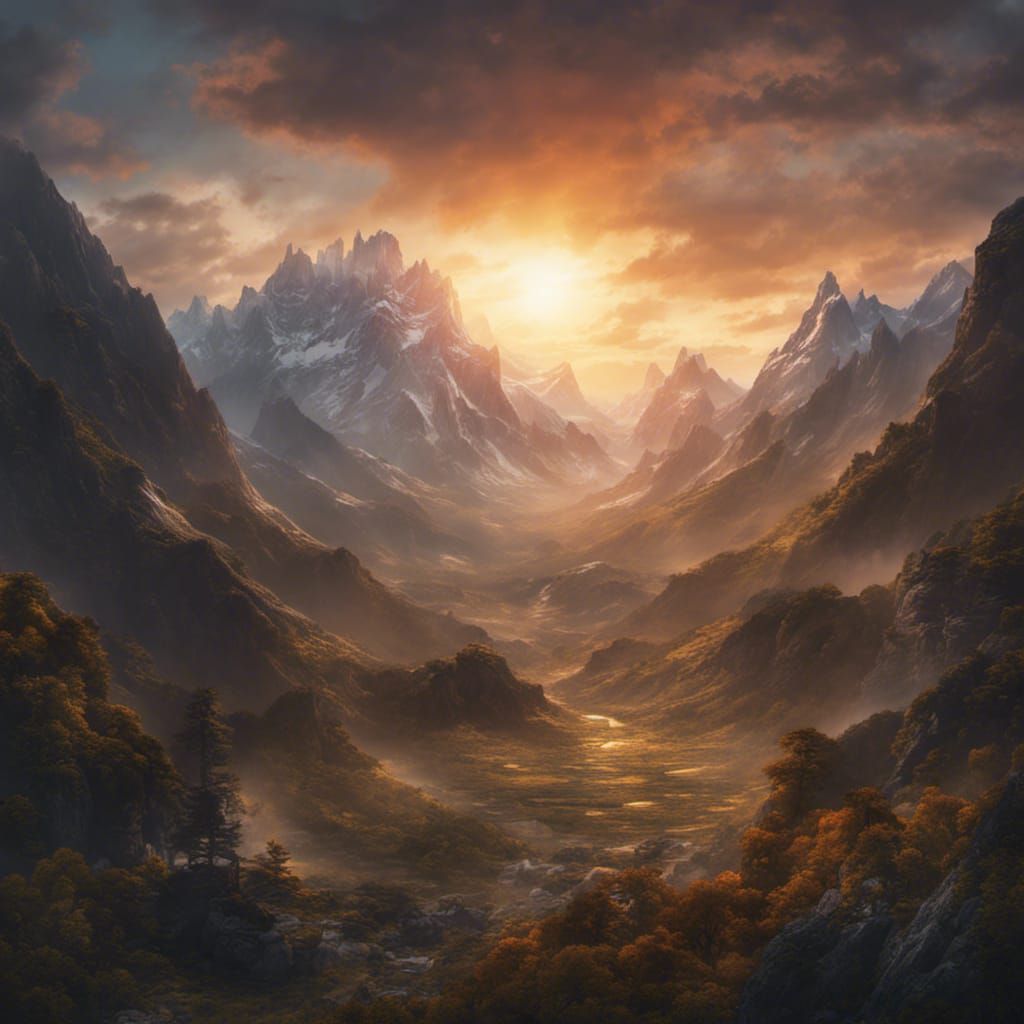 Epic Sunrise Over Mountain Landscape Painting