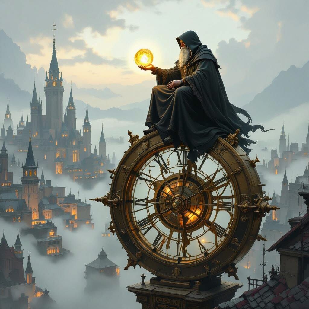 Scholar on Clockwork Astrolabe Overlooking Fantasy City