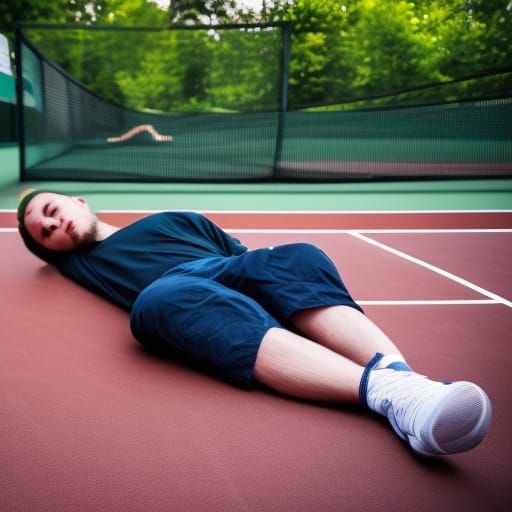 man sleeping on the tennis court