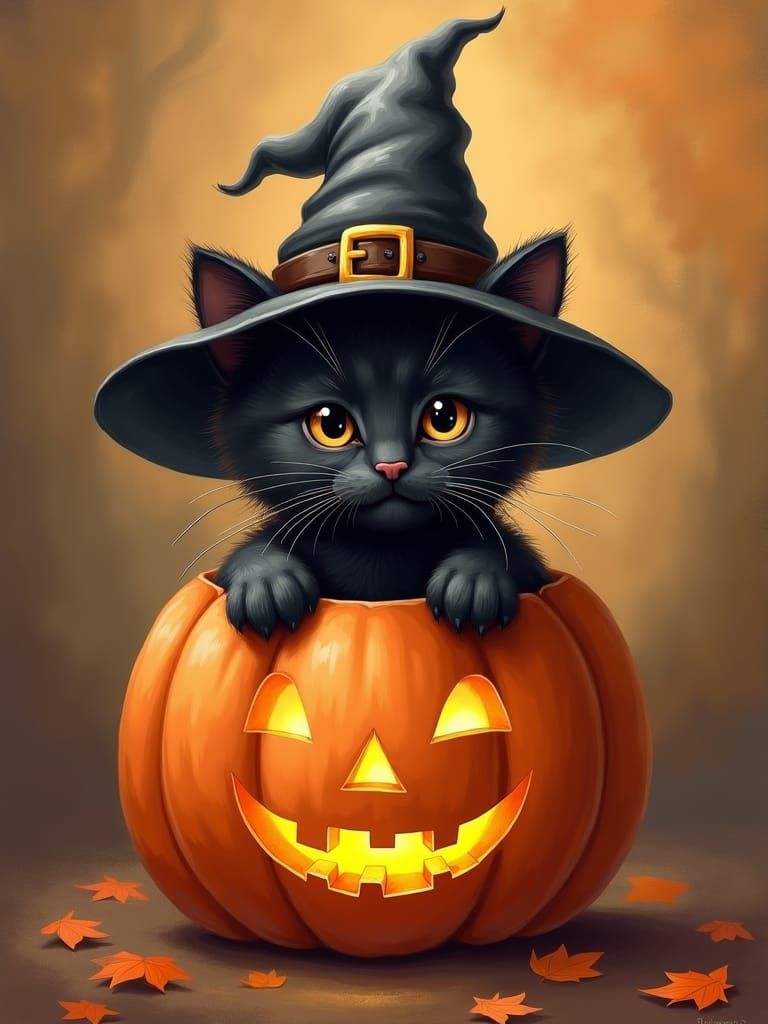 Black Kitten in Pumpkin: A Cozy Halloween Painting