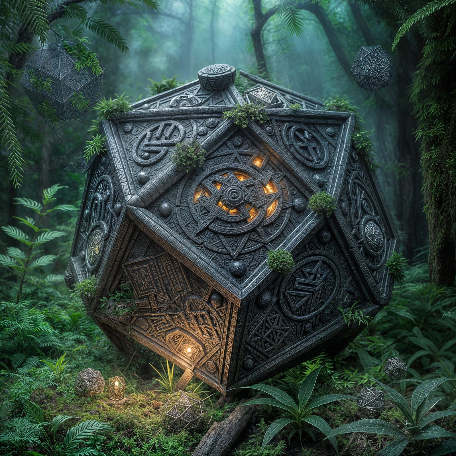 Mystic Metal Dodecahedron with Glowing Runes in Jungle