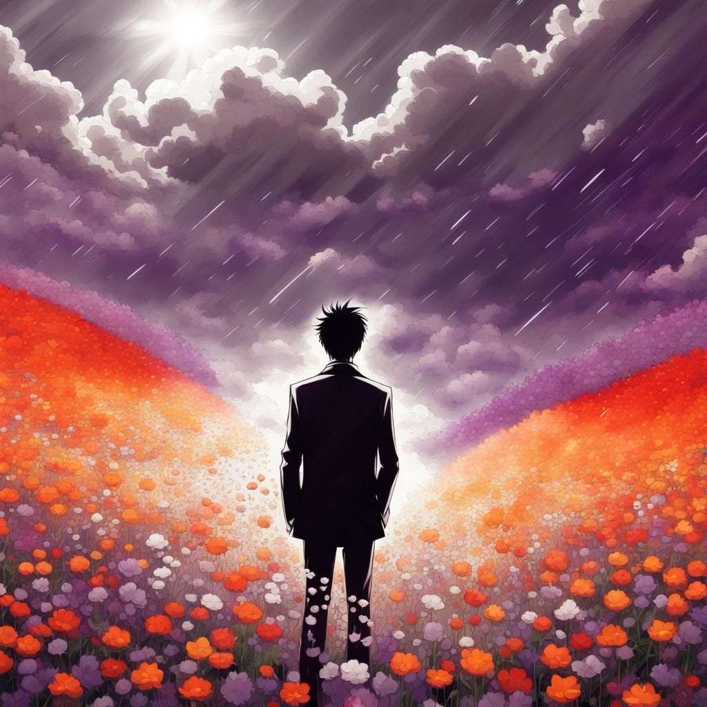 Anime Man in Flower Field Under Rain Cloud