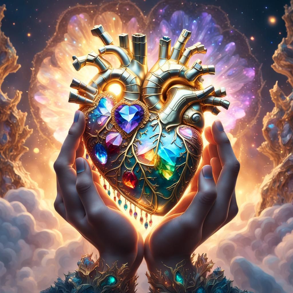 Fantastical Heart United with Crystals and Gold in Ethereal...
