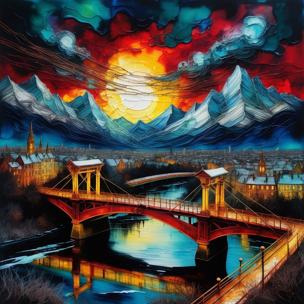 Glowing Tram Crossing Bridge in Moody Cityscape