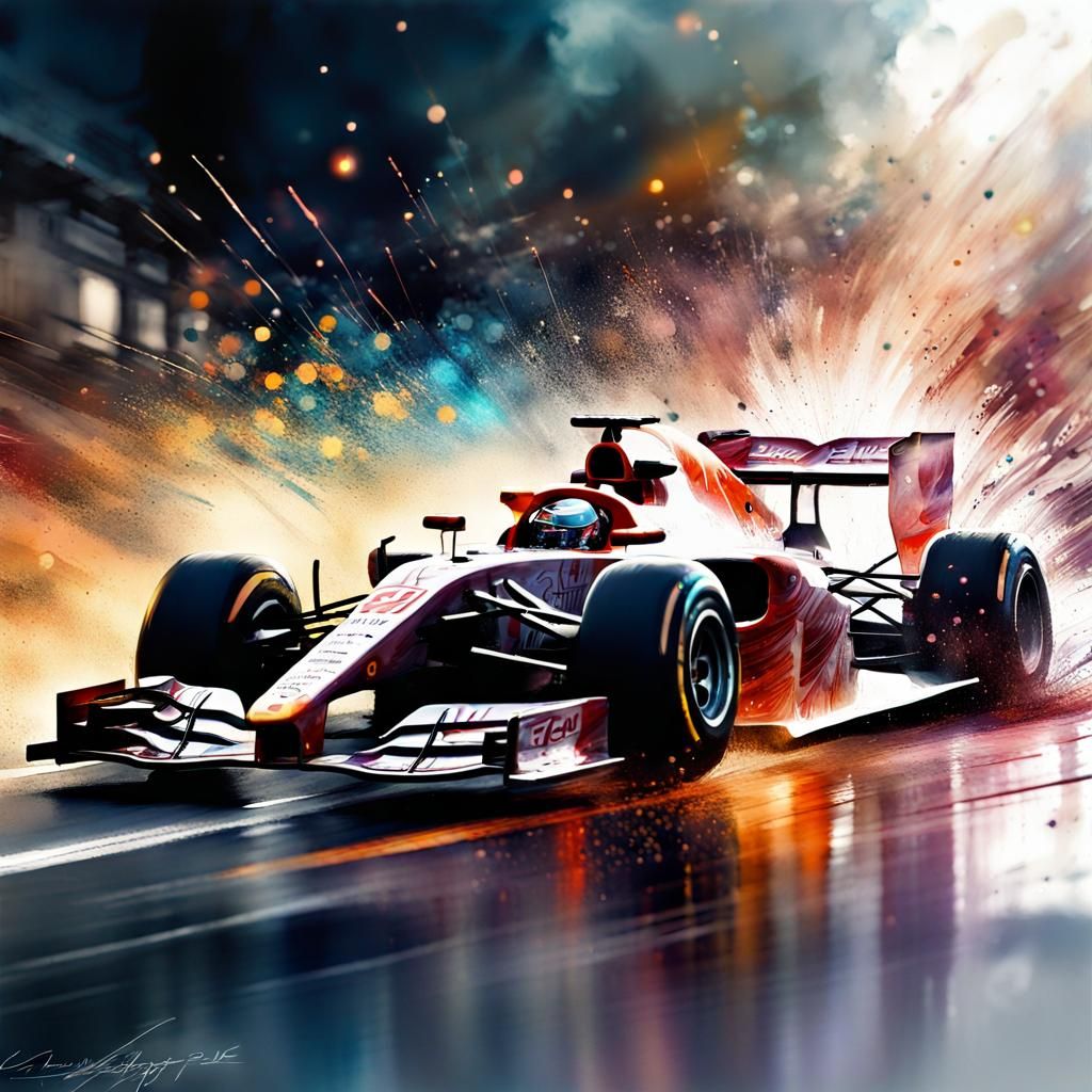 Formula One Car in Digital Watercolor Art
