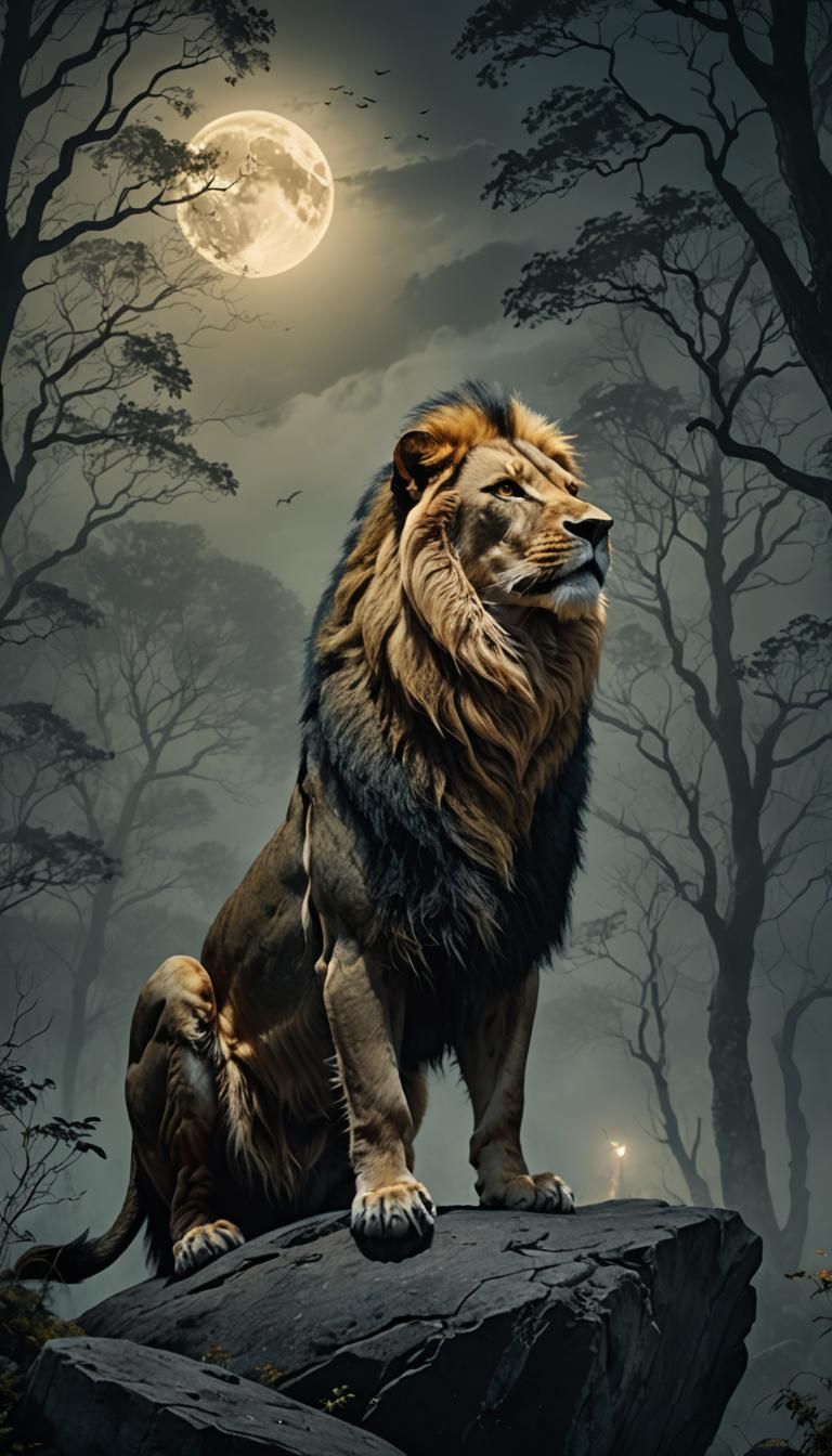 Lion-Wolf Hybrid in Misty Forest: Low-Poly Art