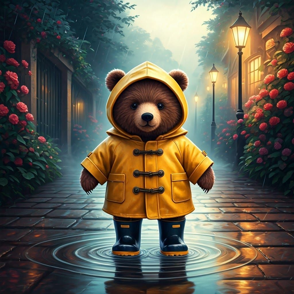 Brown Bear Cub in Raincoat, Kinkade Lighting