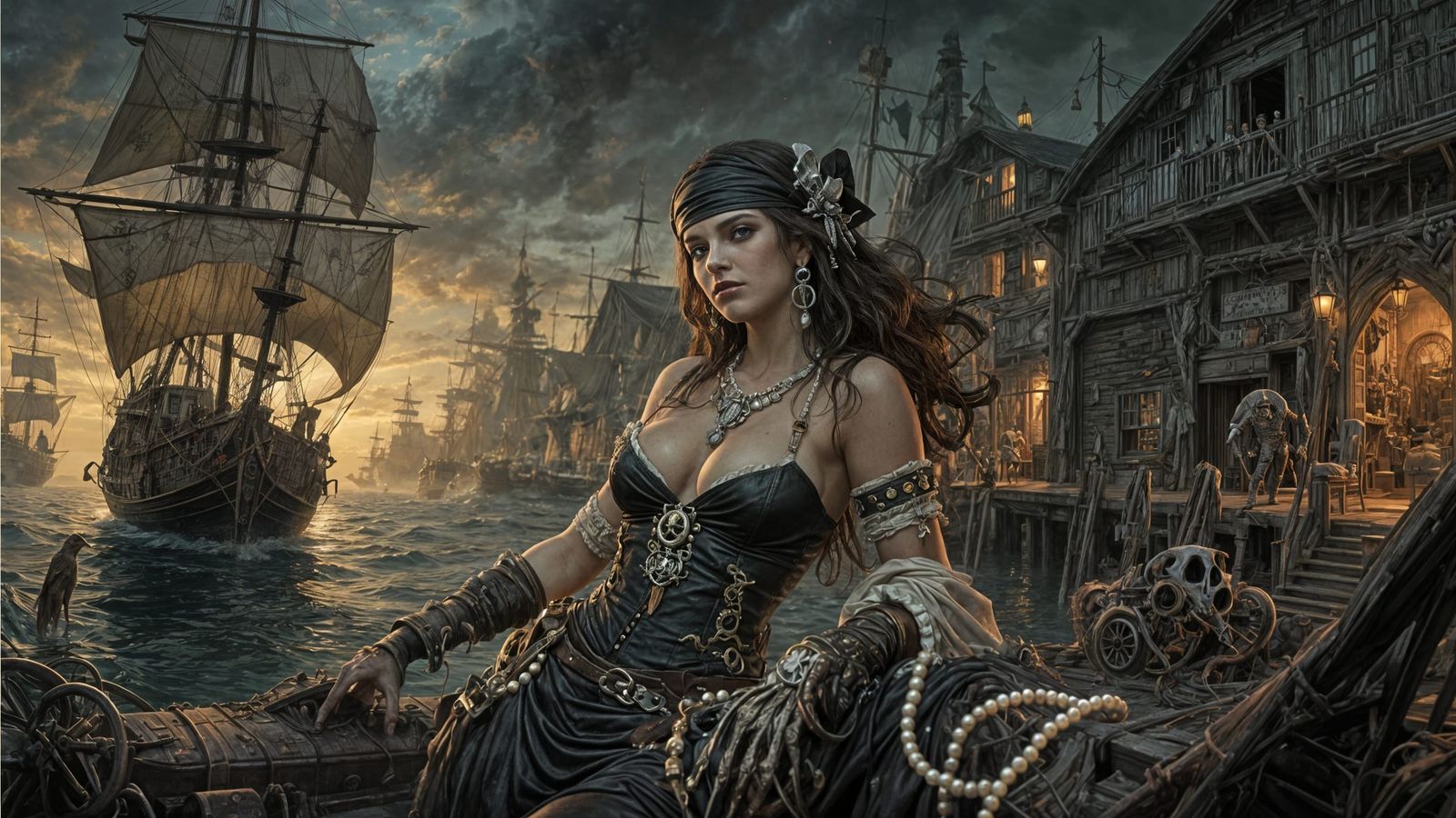 Sensual Pirate Harbor Scene: Royo/Frazetta Fusion