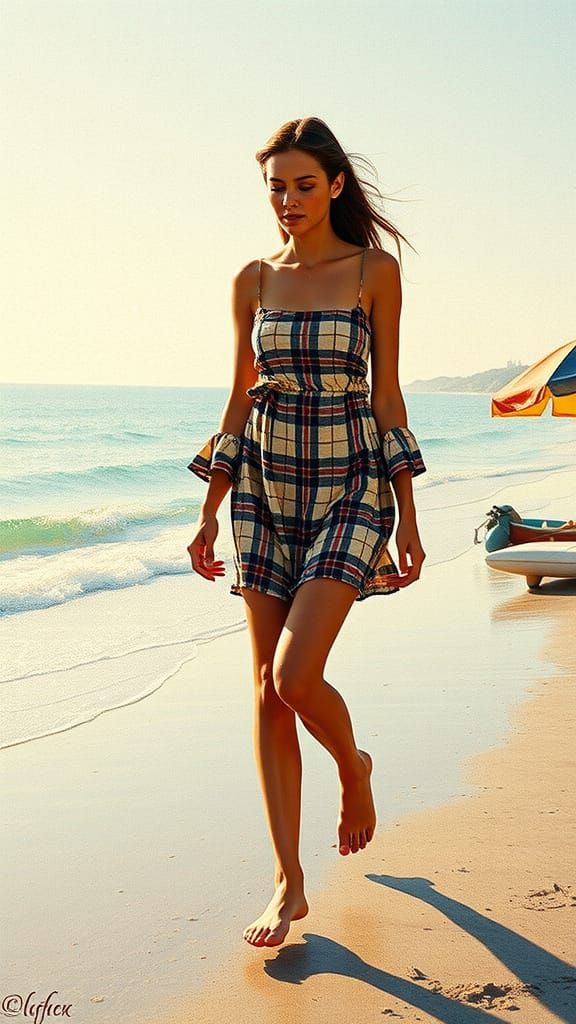 Pointillist Woman Walks on Beach in Sunlight