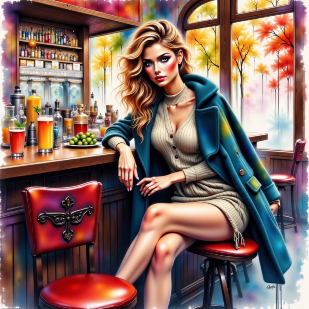 Woman at Bar in Vibrant Mixed-Media Style