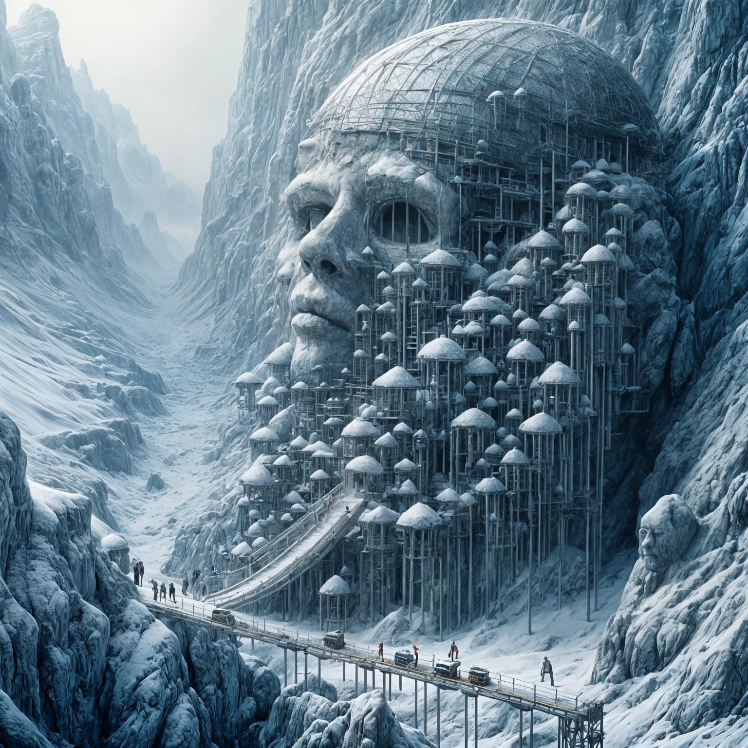 Solarpunk Head Under Construction with Decaying Ice