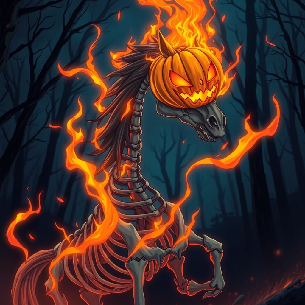 Horse Skeleton With Pumpkin Head & Ethereal Flames