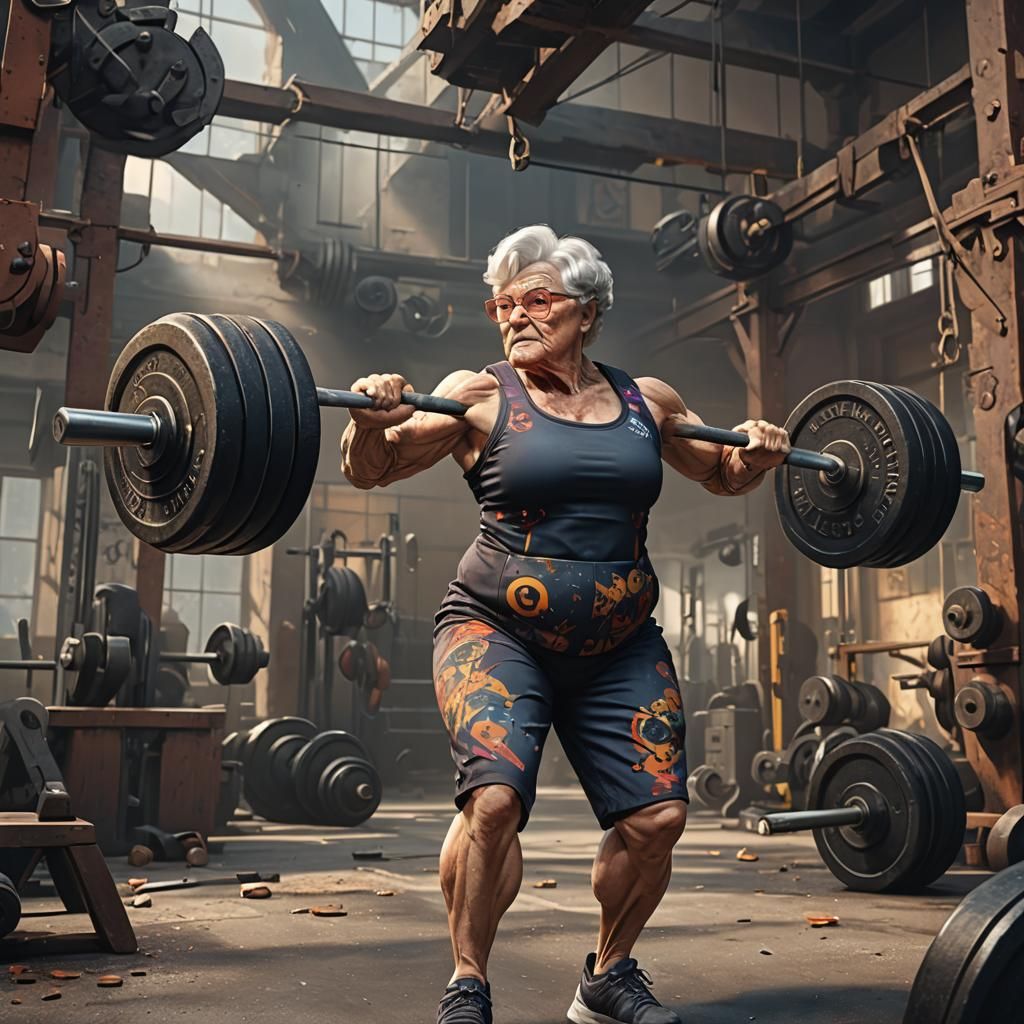 Buff Grandma Lifting Weights: Detailed Matte Painting