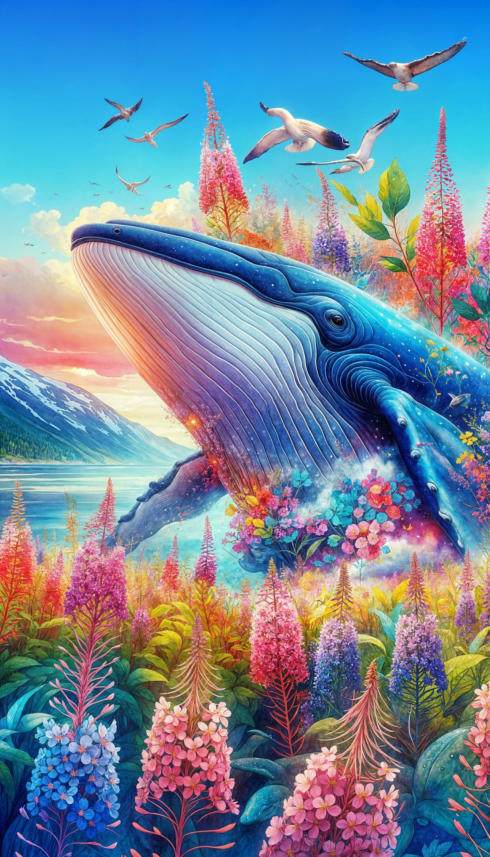 Majestic Whale in Alaska: Surreal Watercolor Art