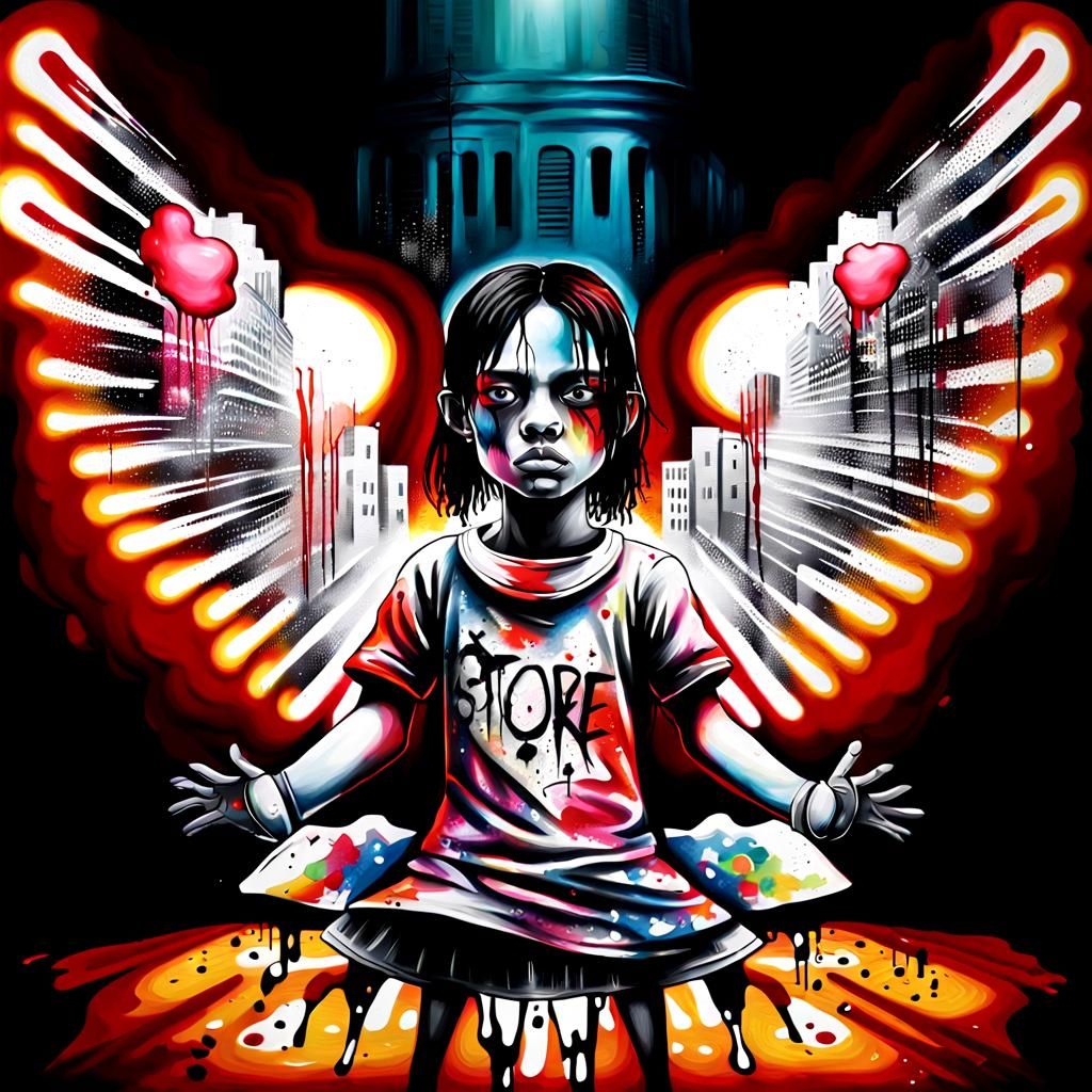 Young Artist in Noir Cityscape with Graffiti Art