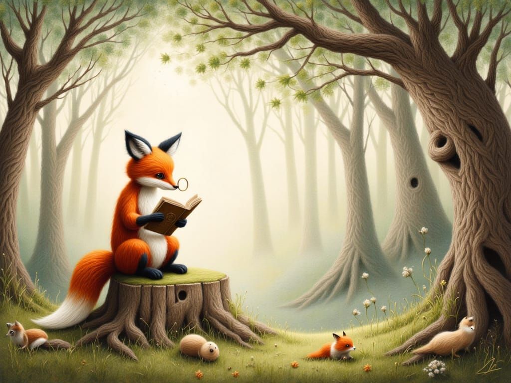 Whimsical Fox in Forest Reading Antique Book