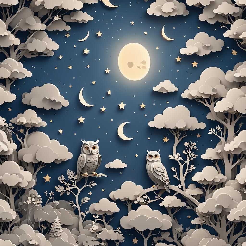 Papercut Owl Soaring Through Starry Night Sky