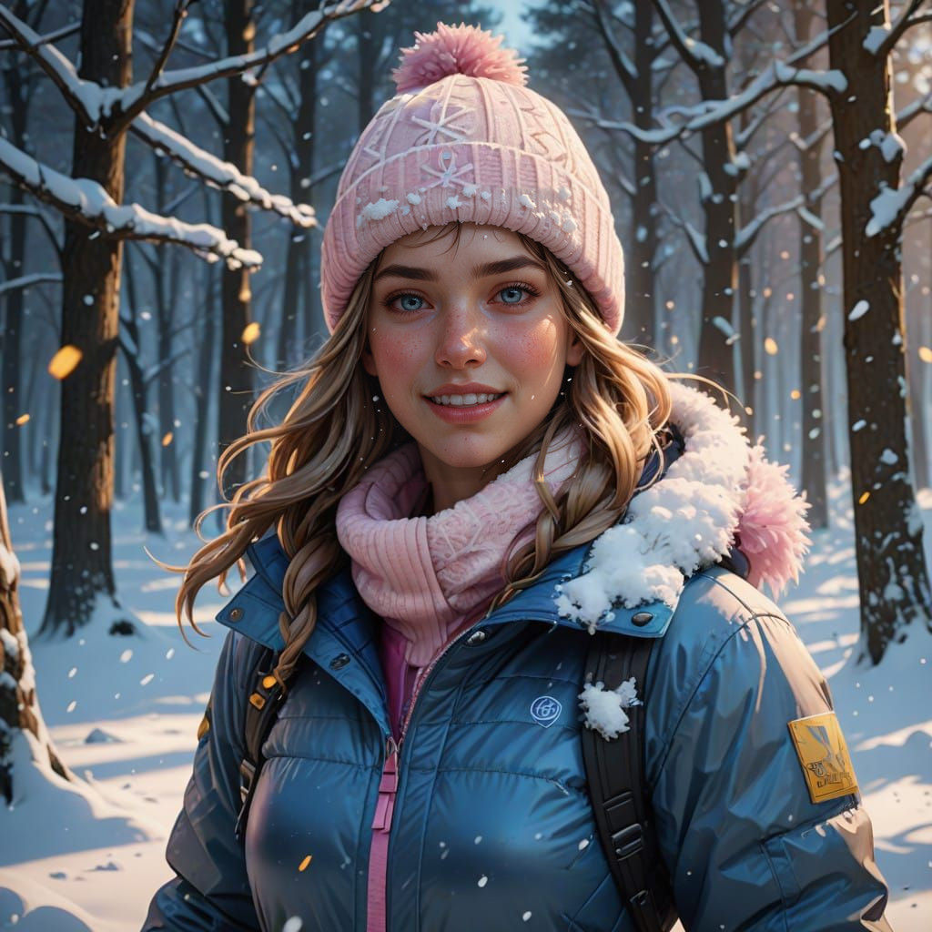 Winter Wonderland Teenage Girl Plays in Snow with Bright Smi...