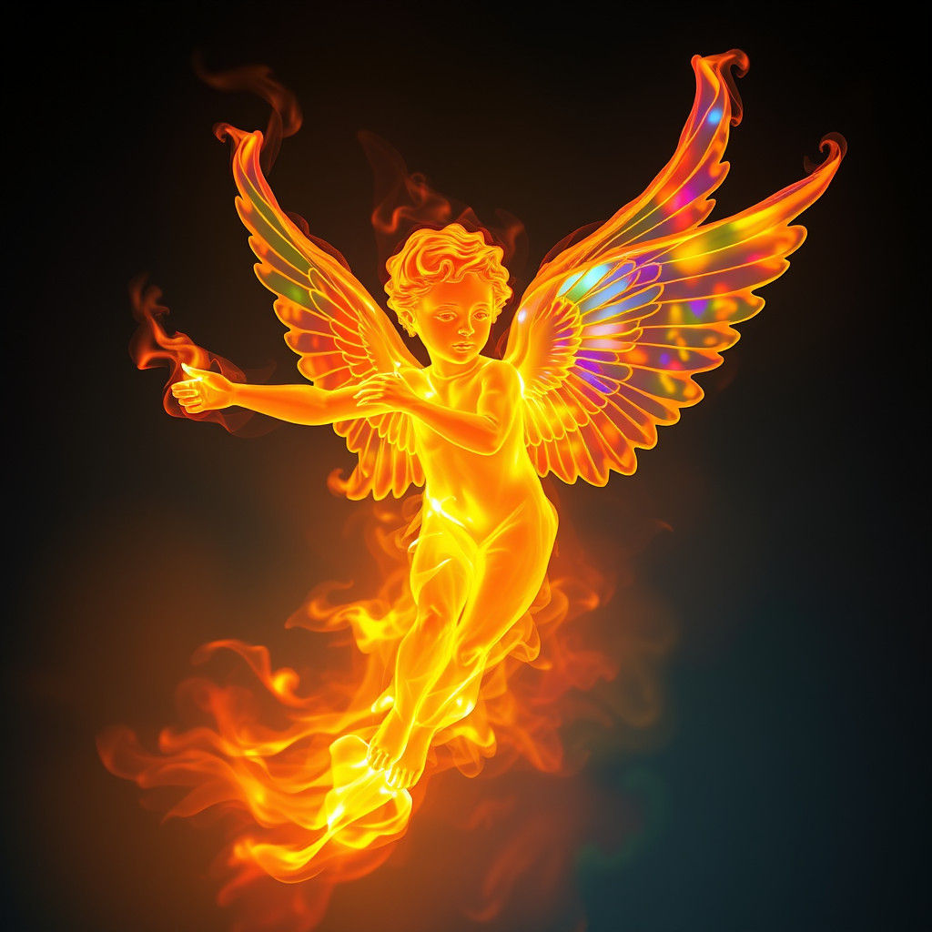 Iridescent Fire Angel in Dreamlike Landscape
