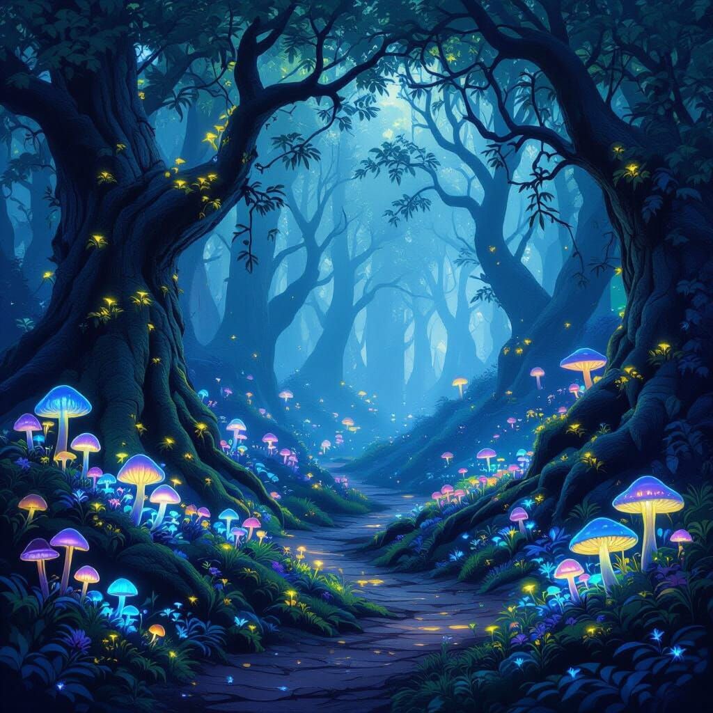 Mystical Forest Path with Bioluminescent Flora