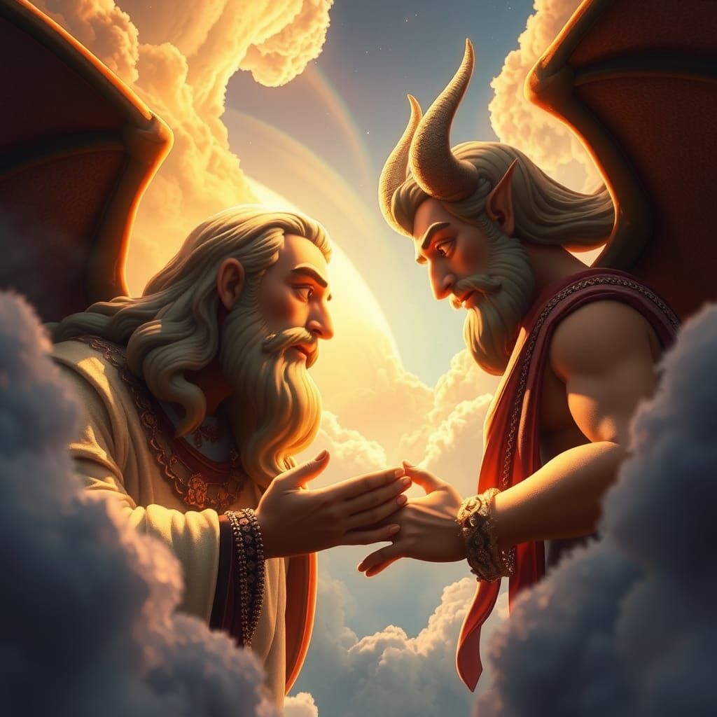 God and Devil Reaching for Forgiveness in 3D