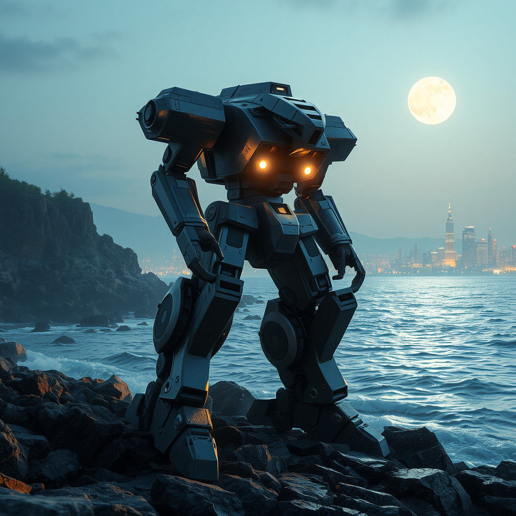 Moonlit Combat Robot on Seashore, in Style of Concept Art