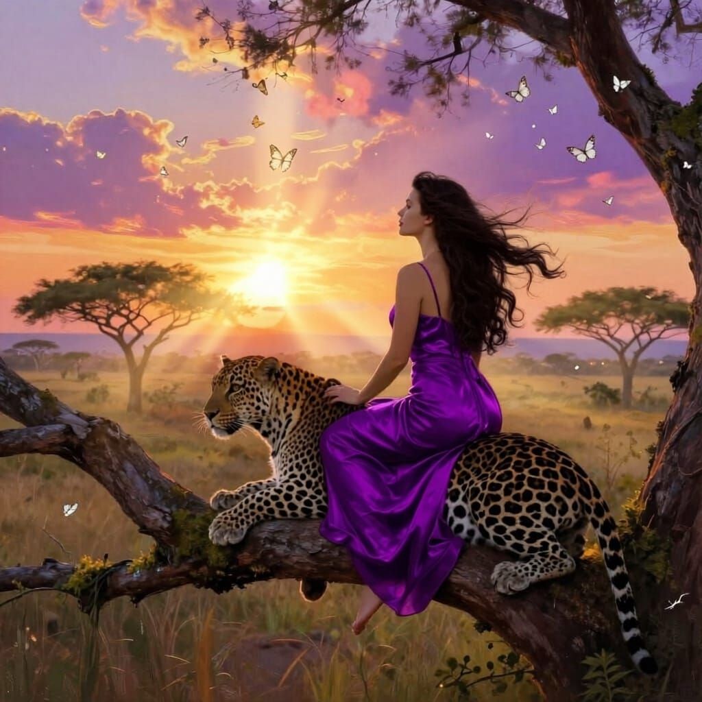 Woman and Leopard on Tree Limb at Sunrise in African Bushvel...
