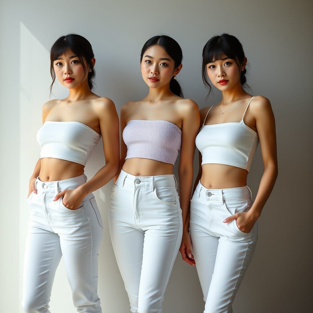 Japanese Women in White Jeans: Hyper-Realistic Fashion Photo