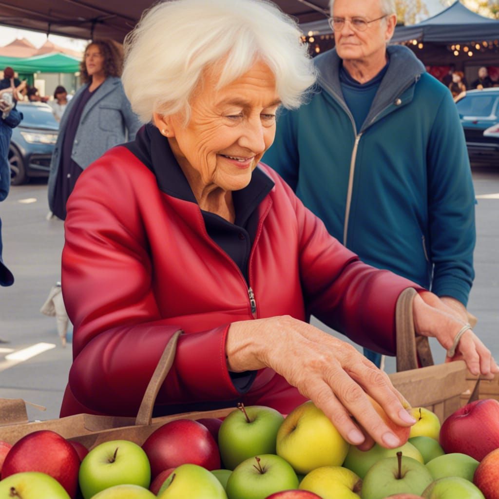 Festive Farmers' Market: Woman Buys Shiny Apples