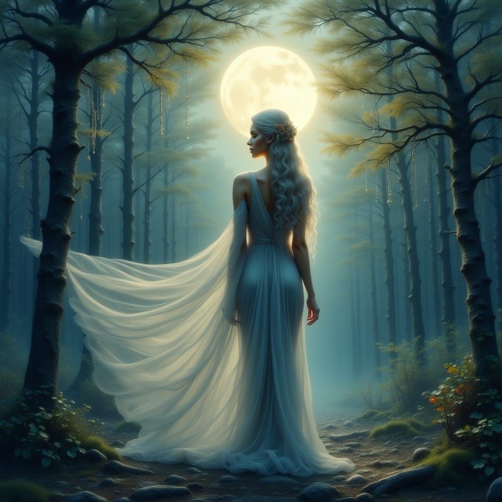 Enchanting Moon Goddess in a Fantastical Forest Landscape