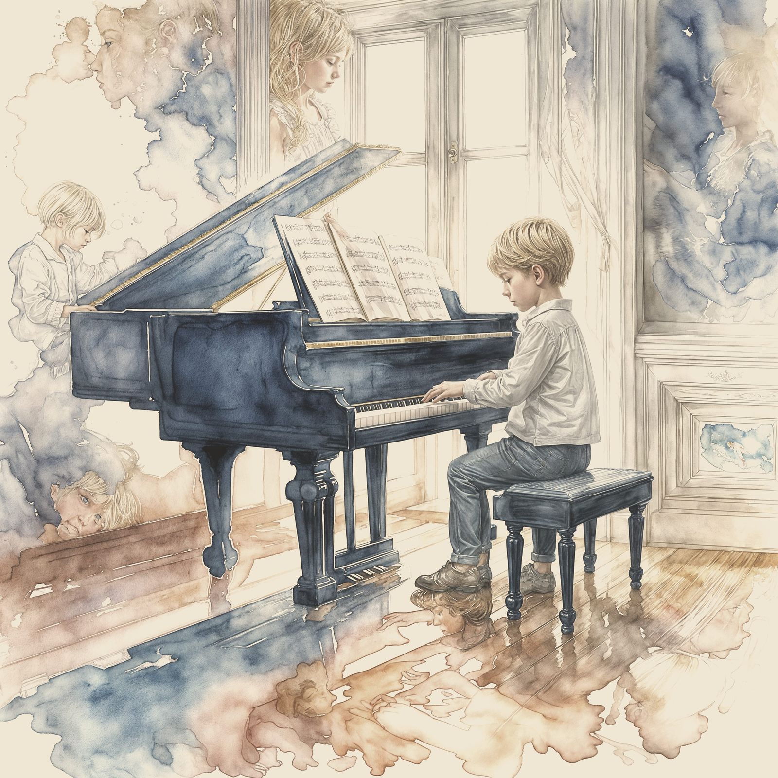 Blond Boy Plays Piano in Expressive Watercolor Style