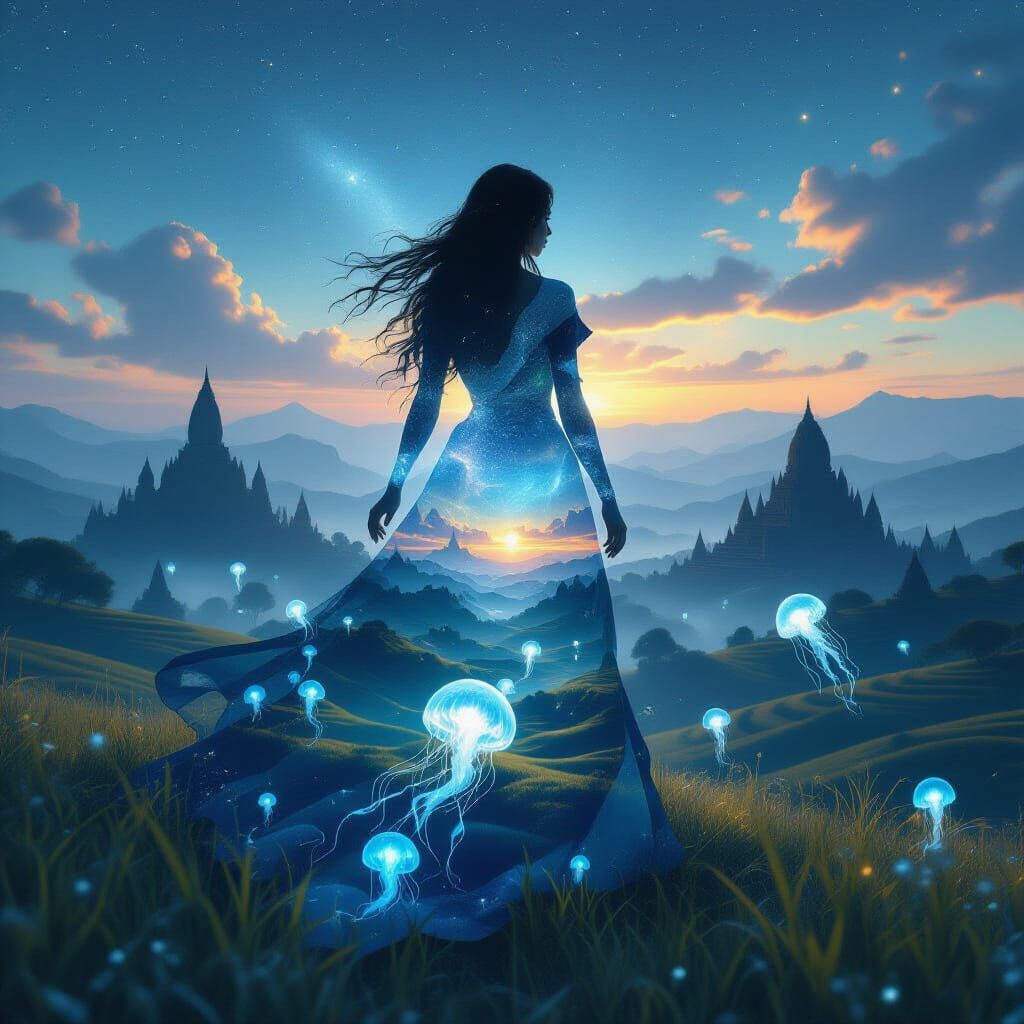 Time-Traveling Sorceress Double Exposure in Dreamy Landscape