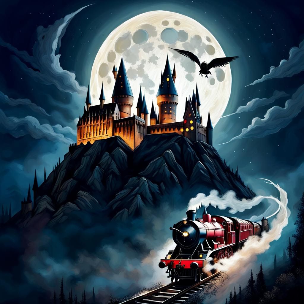Hogwarts Express flying through the sky at night in the middle of the night. Hogwarts Castle can be seen in the distance...