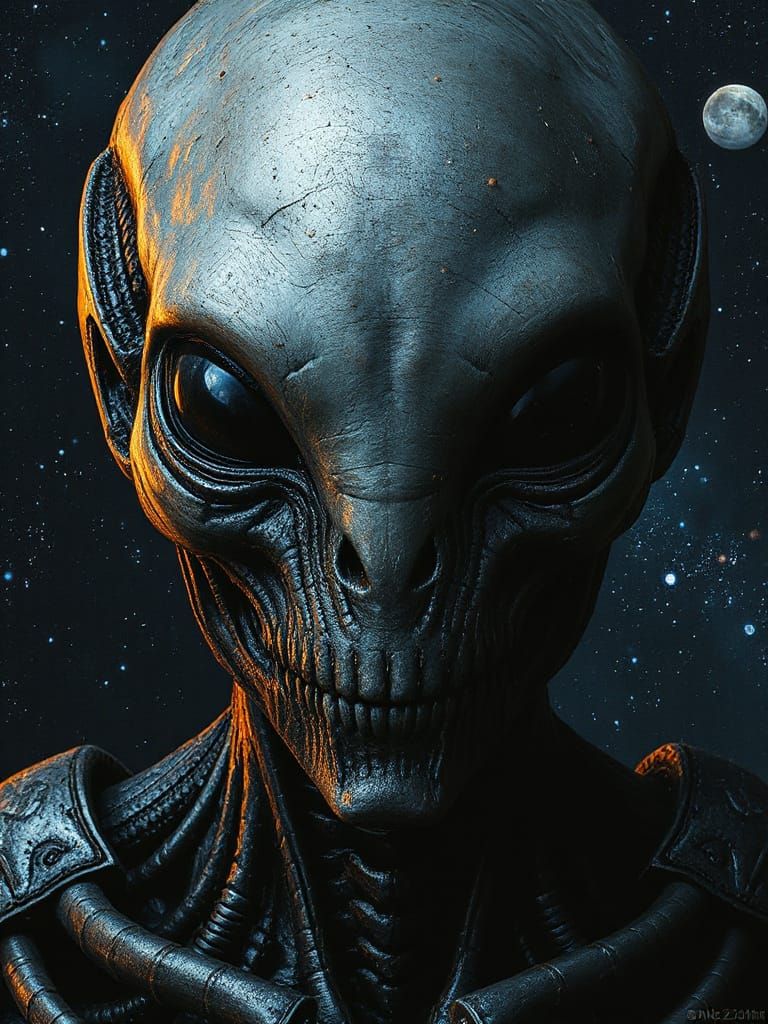Detailed Alien Portrait with Cosmic Background