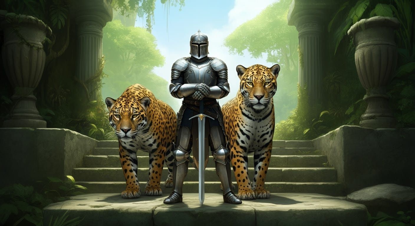 Knight in Shining Armor Surrounded by Majestic Jaguars in a ...